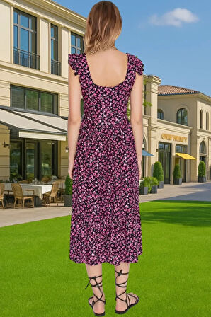 Feminen Çiçekli Desenli Viskoz Midi Elbise Kolsuz Kare Yaka Trend Tasarım Rahat Ve Şık Yüksek Kalite