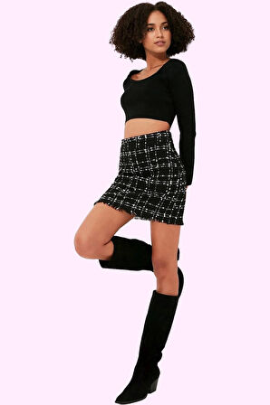 Kadın Dokuma Mini Etek Yüksek Bel Kalem Tüvit Kumaş Kemer Detaylı Günlük Dayanıklı Malzeme