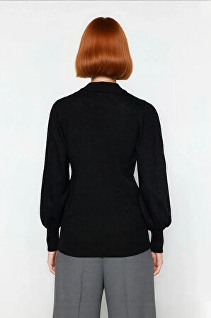 Kadın Dik Yaka Dokulu Balon Kol Regular Kalıp Akrilik Triko Kazak Günlük Ve Rahat Kış Kombinleri