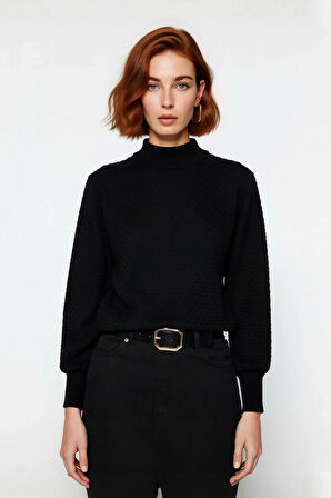 Kadın Dik Yaka Dokulu Balon Kol Regular Kalıp Akrilik Triko Kazak Günlük Ve Rahat Kış Kombinleri