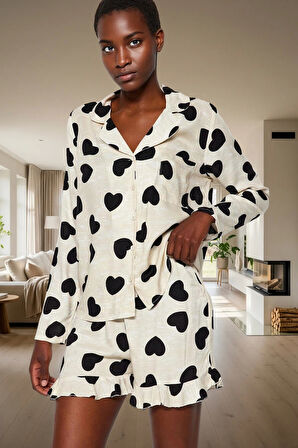 Kalpli Desenli Viskon Dokuma Pijama Takımı Homewear Konforu Dayanıklı Malzeme Mükemmel Uyum