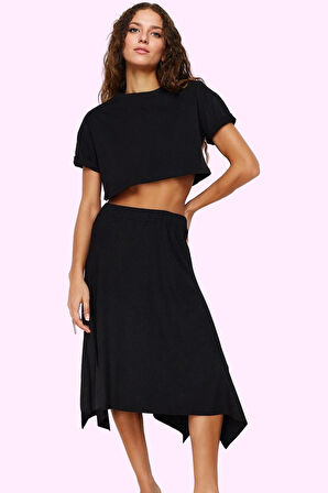 Kadın Zebra Desenli Örme Midi Etek Asimetrik Yüksek Bel Nefes Alan Kumaş Rahat Günlük Kullanım