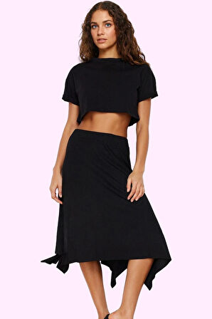 Kadın Zebra Desenli Örme Midi Etek Asimetrik Yüksek Bel Nefes Alan Kumaş Rahat Günlük Kullanım