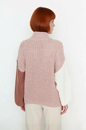 Kadın Dik Yaka Oversize Balon Kol Renk Bloklu Kalın Triko Kazak Günlük Şıklık Ve Sıcaklık Kaliteli