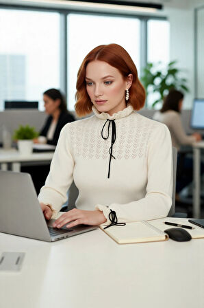 Kadın Casual Regular Kalıp Ajurlu Dik Yaka Bağcıklı Standart Kollu Triko Kazak Soğuk Havalar İçin