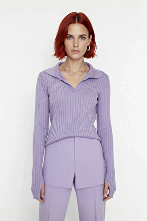 Kadınlar İçin Uzun Kollu Regular Fitilli Triko Kazak Polo Yaka Detaylı Kışlık Şık Görünüm Kaliteli