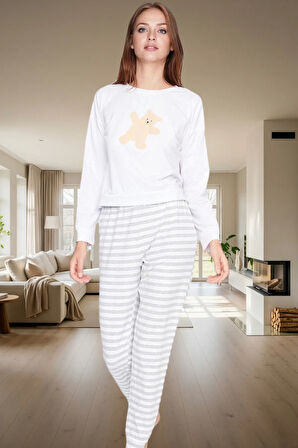 Çizgili Pijama Takımı %100 Pamuk Ayıcıklı Lastikli Paça Regular Kalıp Seçkin Malzeme