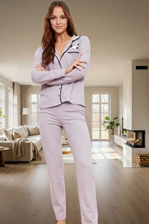 Rahat Yumuşak Örme Pijama Takımı; Panda Baskı Uzun Kollu Pamuklu Seçkin Malzeme