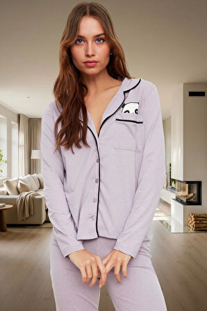 Rahat Yumuşak Örme Pijama Takımı; Panda Baskı Uzun Kollu Pamuklu Seçkin Malzeme