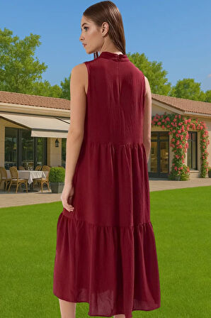 Kadın Yazlık Midi Elbise Nefes Alan Polyester Dokuma Kumaş Rahat Trend Tasarım Modern Stil