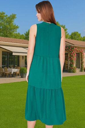 Kadın Yazlık Midi Elbise Nefes Alan Polyester Dokuma Kumaş Rahat Trend Tasarım Modern Stil