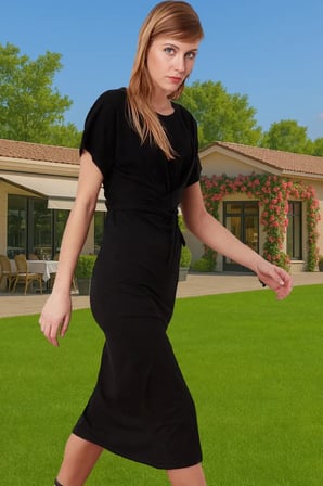 Yazlık Kadın Pamuk Midi Elbise Bodycon Kalıp Bağcıklı Tasarım Modern Stil Profesyonel Görünüm
