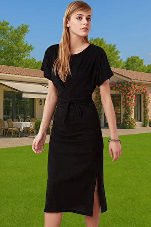 Yazlık Kadın Pamuk Midi Elbise Bodycon Kalıp Bağcıklı Tasarım Modern Stil Profesyonel Görünüm