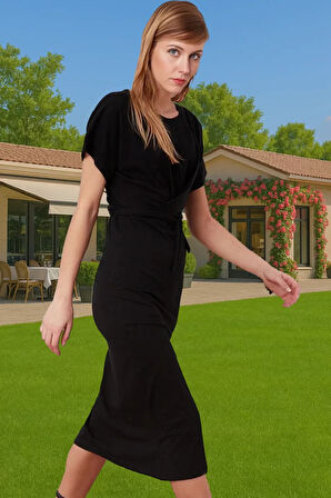 Yazlık Kadın Pamuk Midi Elbise Bodycon Kalıp Bağcıklı Tasarım Modern Stil Profesyonel Görünüm