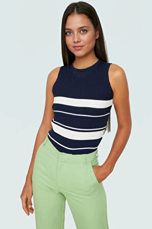 Yazlık Kadın Bluz Triko Kumaş Renk Bloklu Bisiklet Yaka Trend Tasarım Premium Kalite