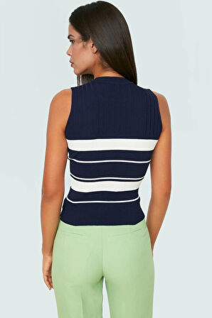 Yazlık Kadın Bluz Triko Kumaş Renk Bloklu Bisiklet Yaka Trend Tasarım Premium Kalite