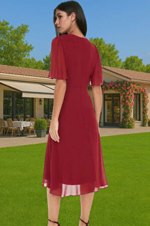 Polyester Midi Elbise Şifon Kumaş A Kesim Melek Kol Astarlı Zarifane Tasarım Trend Tasarım