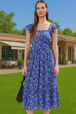 Feminen Çiçekli Desenli Viskoz Midi Elbise Kolsuz Kare Yaka Trend Tasarım Rahat Ve Şık Yüksek Kalite