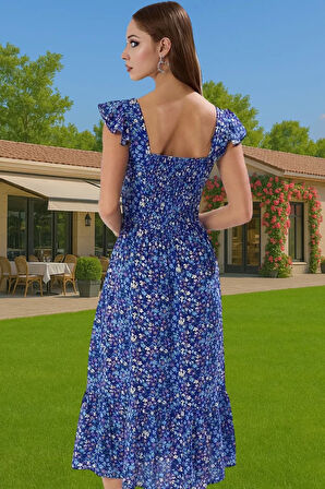 Feminen Çiçekli Desenli Viskoz Midi Elbise Kolsuz Kare Yaka Trend Tasarım Rahat Ve Şık Yüksek Kalite