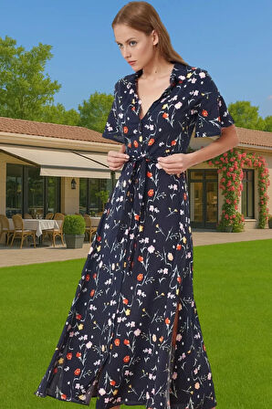 Kadın Şık Viskoz Midi Gömlek Elbise Kuşaklı Çiçek Desenli Yazlık Premium Kalite Kaliteli İşçilik