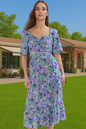 Rahat A Kesim Balon Kollu Midi Viskoz Elbise Kaliteli İşçilik Dayanıklı Malzeme Uzun Ömürlü