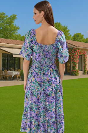 Rahat A Kesim Balon Kollu Midi Viskoz Elbise Kaliteli İşçilik Dayanıklı Malzeme Uzun Ömürlü