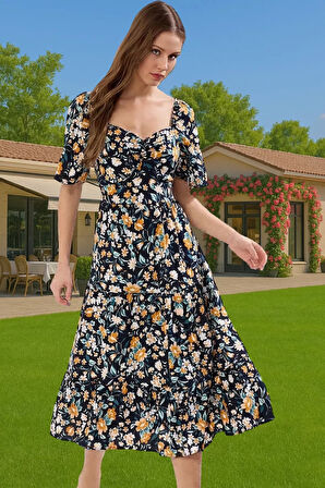 Rahat A Kesim Balon Kollu Midi Viskoz Elbise Kaliteli İşçilik Dayanıklı Malzeme Uzun Ömürlü