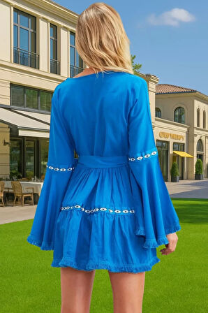 Pamuk Vual Mini Elbise Büzgülü Kol Yazlık Plaj Elbisesi Özel Tasarım Rahat Ve Şık Kaliteli İşçilik