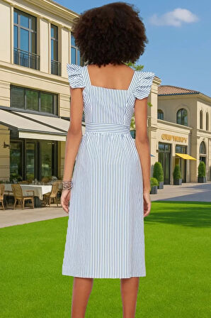 Şık Çizgili Midi Gömlek Elbise Pamuk Polyester Nefes Alabilir Yazlık Modern Stil Seçkin Malzeme