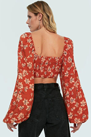 Plaj için İdeal Çok Çiçekli Shally Dokuma Crop Bluz Bisiklet Yaka Balon Kol