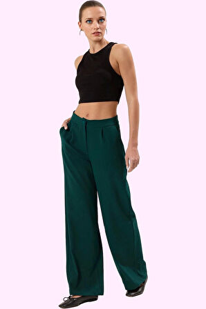 Kadın Yüksek Bel Wide Leg Pantolon Finike Dokuma Kumaş Çift Cepli Rahat Günlük Özel Günler