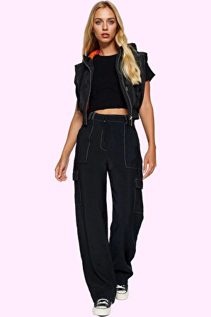 Kadın Kargo Pantolon; Aerobin Dokuma; Yüksek Bel; Geniş Paça; Düz Desen; Günlük Ve İş Hayatı