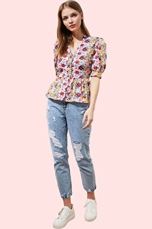 Kadın Dokuma Terrycotton Kumaş V Yaka Çiçekli Gömlek Günlük Şıklık Yaz Aylarının Vazgeçilmezi