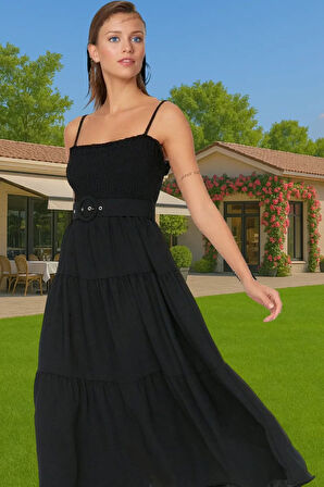 Kadın Askılı Bel Kemerli Midi Polyester Dokuma Elbise Rahat Günlük Stil Rahat Ve Şık Mükemmel Uyum