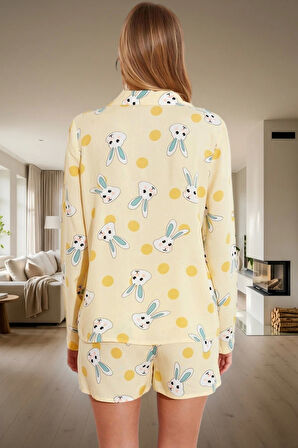 Şortlu Pijama Takımı Tavşan Desenli 100% Viskon Dokuma Kumaş Regular Kalıp Rahat Uyku