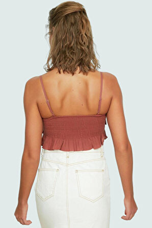 Kolsuz Flamlı Pamuk Bluz V Yaka Fırfır Detaylı Regular Kalıp Yazlık Crop Kaliteli İşçilik