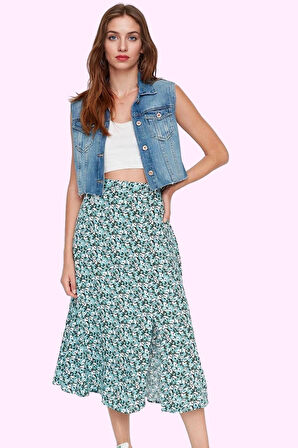 Kadın A line Midi Etek Dokuma Kumaş Viskoz Cepsiz Çiçek Desenli Günlük Yaz Aylarının Vazgeçilmezi