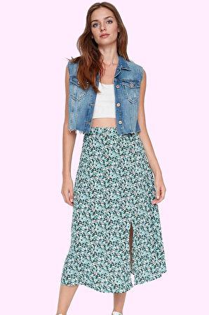 Kadın A line Midi Etek Dokuma Kumaş Viskoz Cepsiz Çiçek Desenli Günlük Yaz Aylarının Vazgeçilmezi