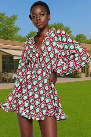 Vual Kumaş Mini Elbise Geometrik Desenli Balon Kol Yazlık Konforlu Kesim Şık Görünüm Rahat Kullanım