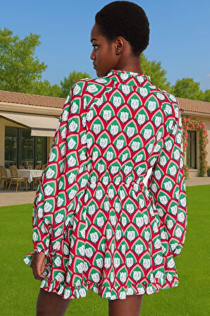 Vual Kumaş Mini Elbise Geometrik Desenli Balon Kol Yazlık Konforlu Kesim Şık Görünüm Rahat Kullanım