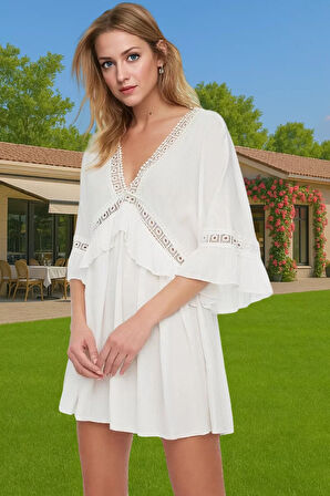 Kadın Yazlık Mini Elbise Crinkle Dokuma V Yaka Şerit Detaylı Rahat Zarifane Tasarım Şık Görünüm