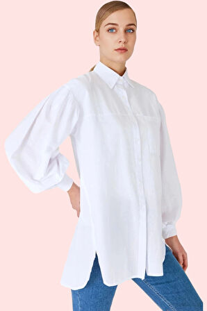 Kadın Basic Gömlek Viskon Karışımlı Dokuma Kumaş Relaxed Kalıp Uzun Kollu Günlük Şıklık Hafta Sonu