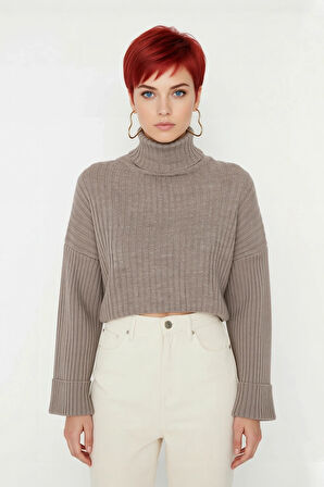 Kadın Oversize Super Crop Balıkçı Yaka Akrilik Triko Kazak Kışlık Günlük Stilinize Yenilik