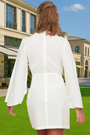 Pamuklu Flamlı Dokuma V Yaka Mini Elbise Rahat Yazlık Modern Stil Rahat Ve Şık Seçkin Malzeme