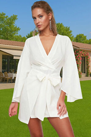 Pamuklu Flamlı Dokuma V Yaka Mini Elbise Rahat Yazlık Modern Stil Rahat Ve Şık Seçkin Malzeme