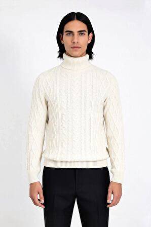 Erkek Balıkçı Yaka Saç Örgü Desenli Kalın Triko Fitted Kalıp Standart Kol Günlük Kazak Kaliteli