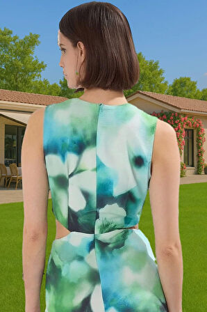 Kolsuz Batik Maxi Elbise Cut Out Detaylı Yazlık Elbise A Line Konforlu Kesim Dayanıklı Malzeme