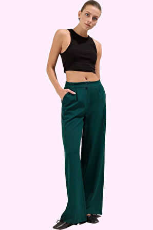 Kadın Yüksek Bel Wide Leg Pantolon Finike Dokuma Kumaş Çift Cepli Rahat Günlük Özel Günler