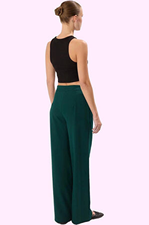 Kadın Yüksek Bel Wide Leg Pantolon Finike Dokuma Kumaş Çift Cepli Rahat Günlük Özel Günler