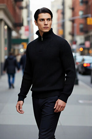 Erkek Casual Giyim İçin İdeal Regular Fit Düz Desen Fermuarlı Balıkçı Yaka Kalın Triko Kazak